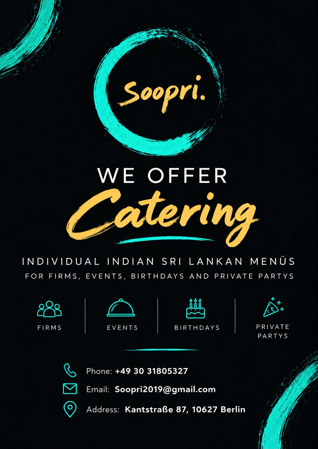 Soopri catering: individual Indian and Sri Lankan menus for companies, events, birthdays and private parties.